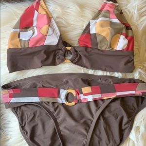 Bikini top is Medium, bottoms are Large